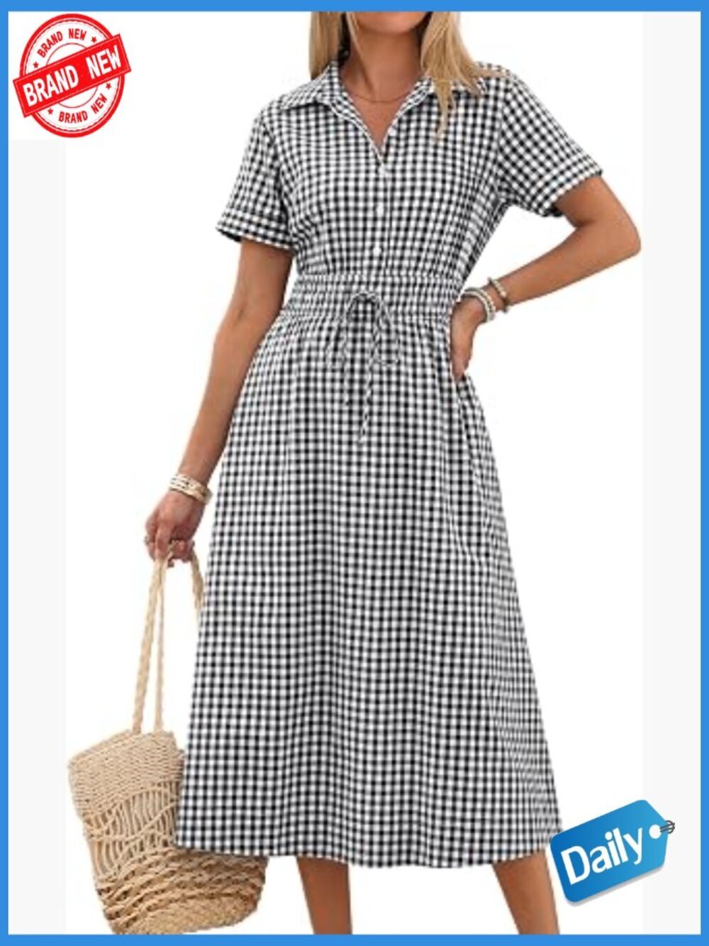 Striped A-Line Midi Dress with Button Front and Pockets